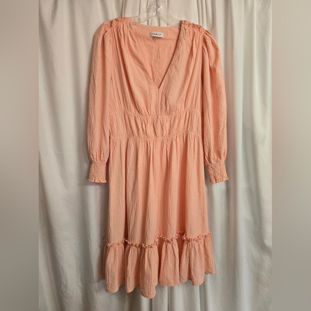 Calvin Klein Peach Long Sleeve Smocked V Neck Dress Size 8